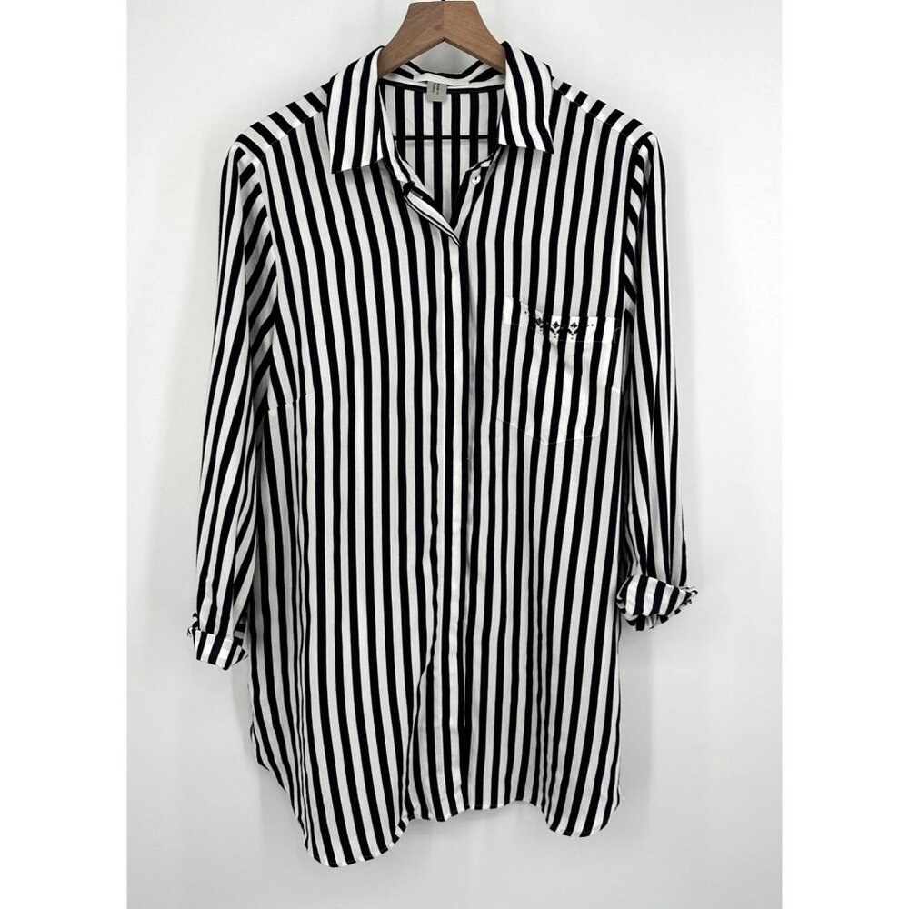 Gerry Weber Button Up Tunic Top Women 14 Navy White Stripe Collared Long Sleeve